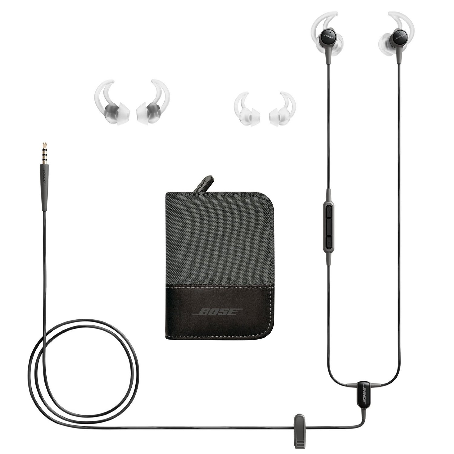 Les écouteurs Bose SoundTrue et leurs accessoires.